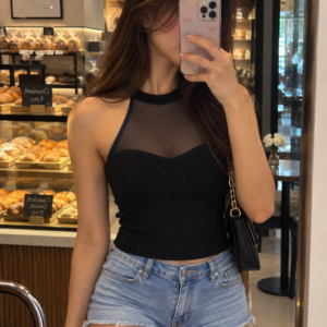 Black Ribbed Knit Sheer Mesh Halter Top