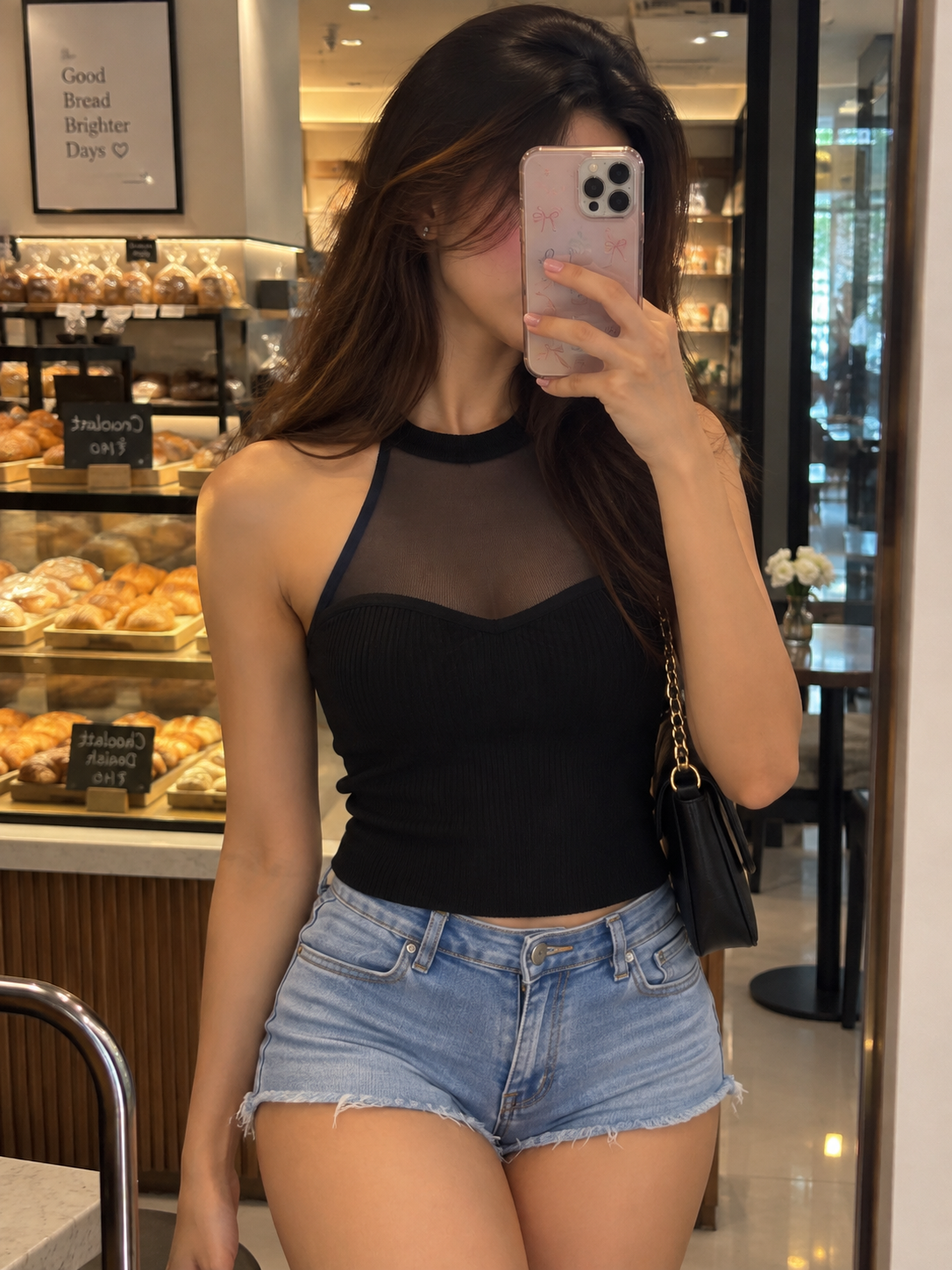 Black Ribbed Knit Sheer Mesh Halter Top