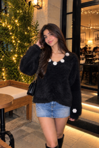 Fuzzy Floral Appliqué Knit Sweater