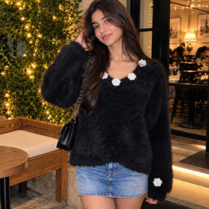 Fuzzy Floral Appliqué Knit Sweater